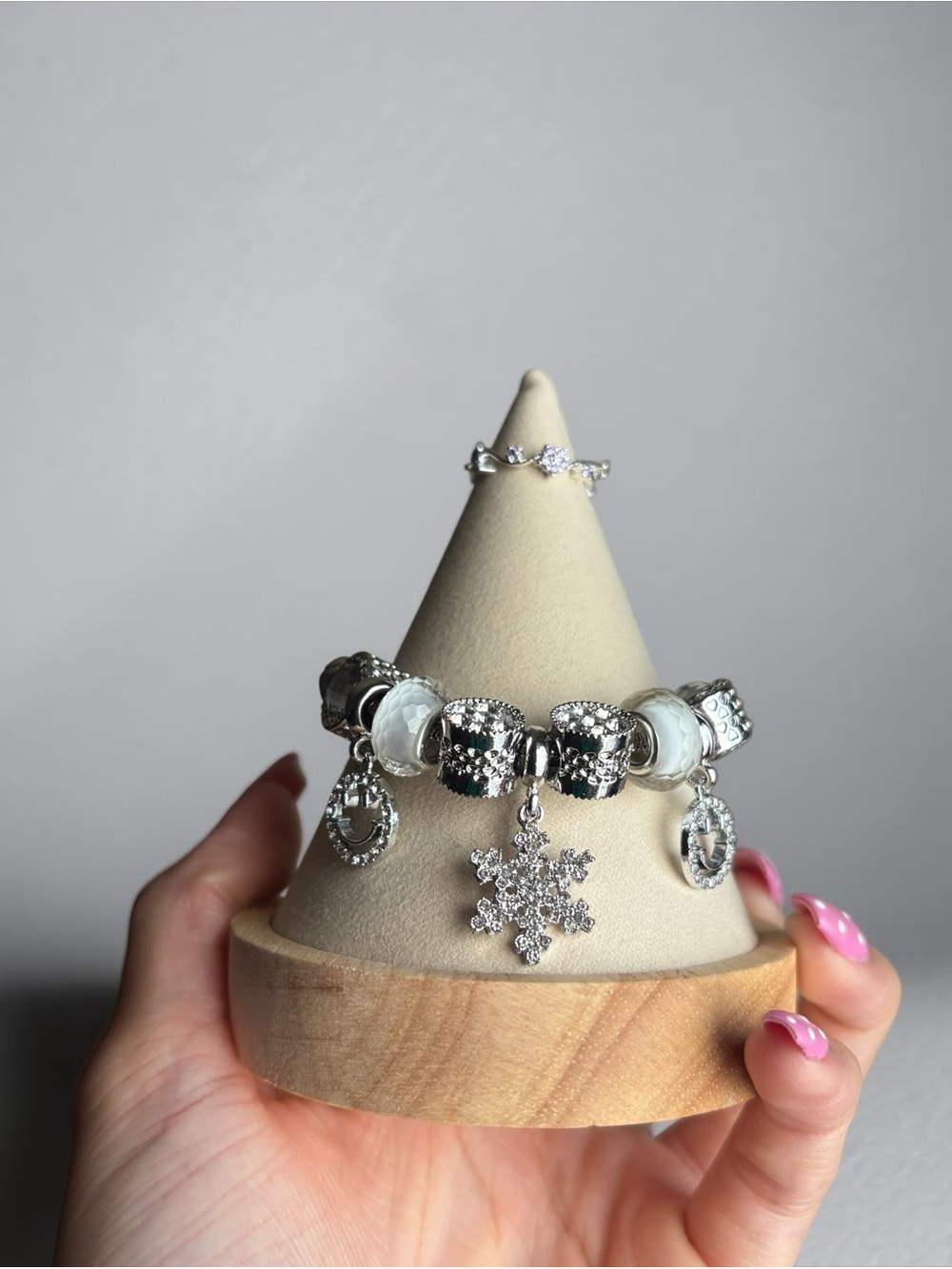 Silver Snowflake Charm Bracelet with Ring